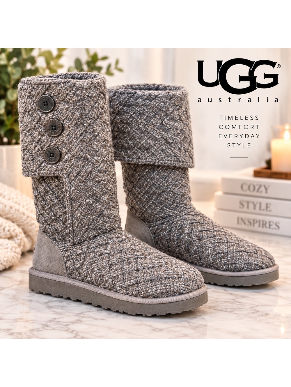 UGG Australia Women's Gray Knit Button Mid-Calf Boots Size 10